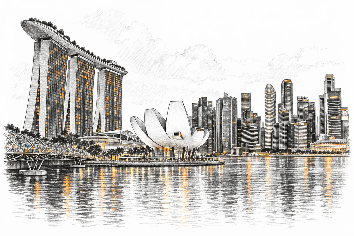 Ilustrasi pensil dan tinta skyline Marina Bay Singapura dengan sedikit aksen oranye.