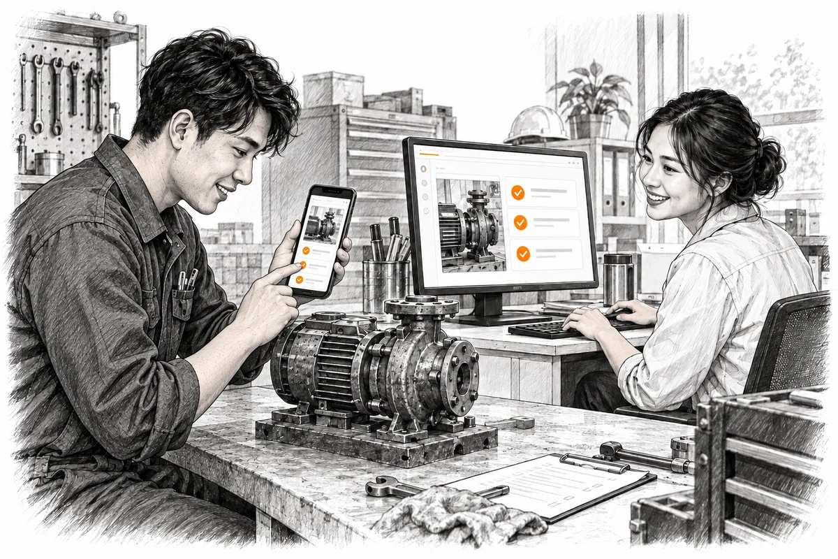 Ilustrasi pensil dan tinta tentang seorang teknisi yang merekam inspeksi di telepon sementara rekannya meninjau catatan tersebut di komputer.
