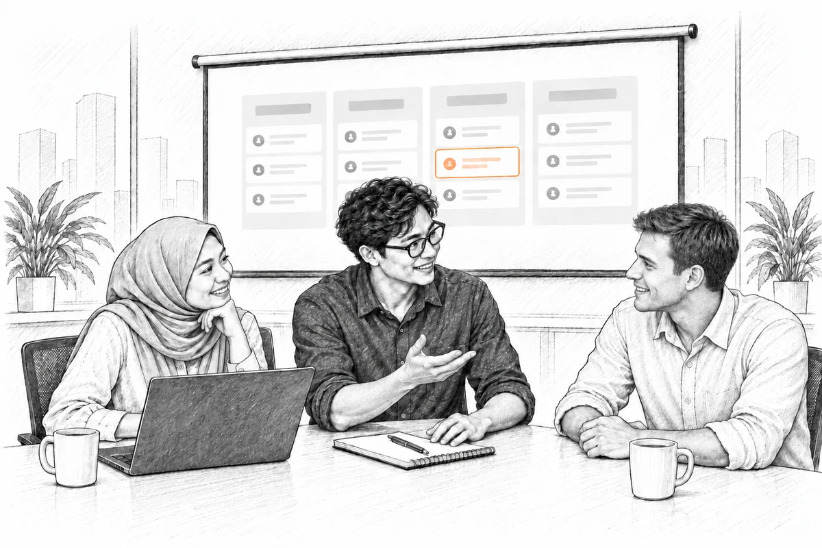 Ilustrasi pensil dan tinta dari tiga rekan penjualan yang meninjau pipeline bersama dan tindakan selanjutnya.