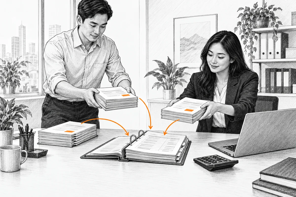 Dua staf akuntansi di meja membawa tiga tumpukan kecil lembar faktur ke dalam satu buku besar yang terorganisir, dengan laptop dan kalkulator.