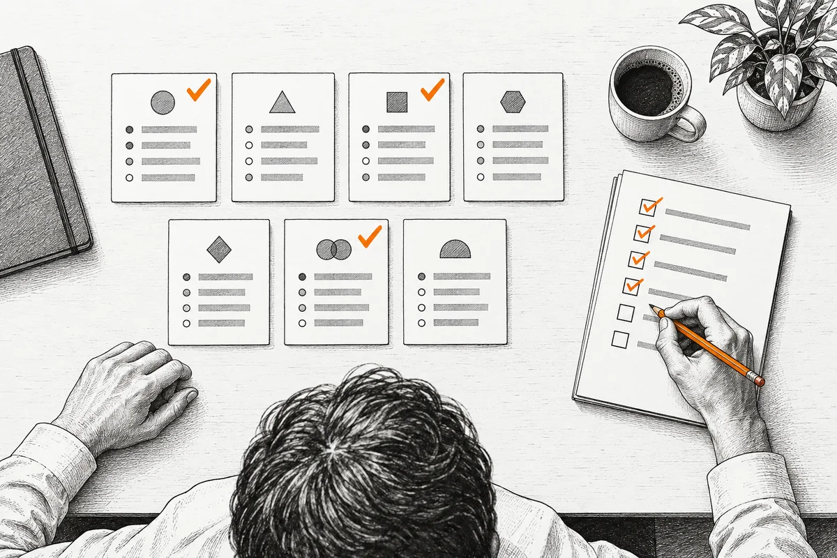 Overhead view of a business owner's desk with seven distinct small unbranded software proposal cards arranged for comparison, one hand using a pencil to check a separate requirements checklist.
