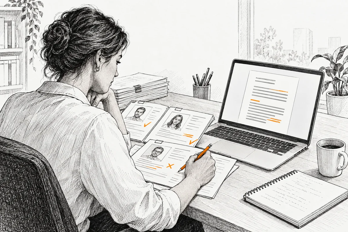 A business analyst at a desk comparing a short abstract machine-generated document on a laptop with original customer record cards on paper, pencil poised to approve or correct.