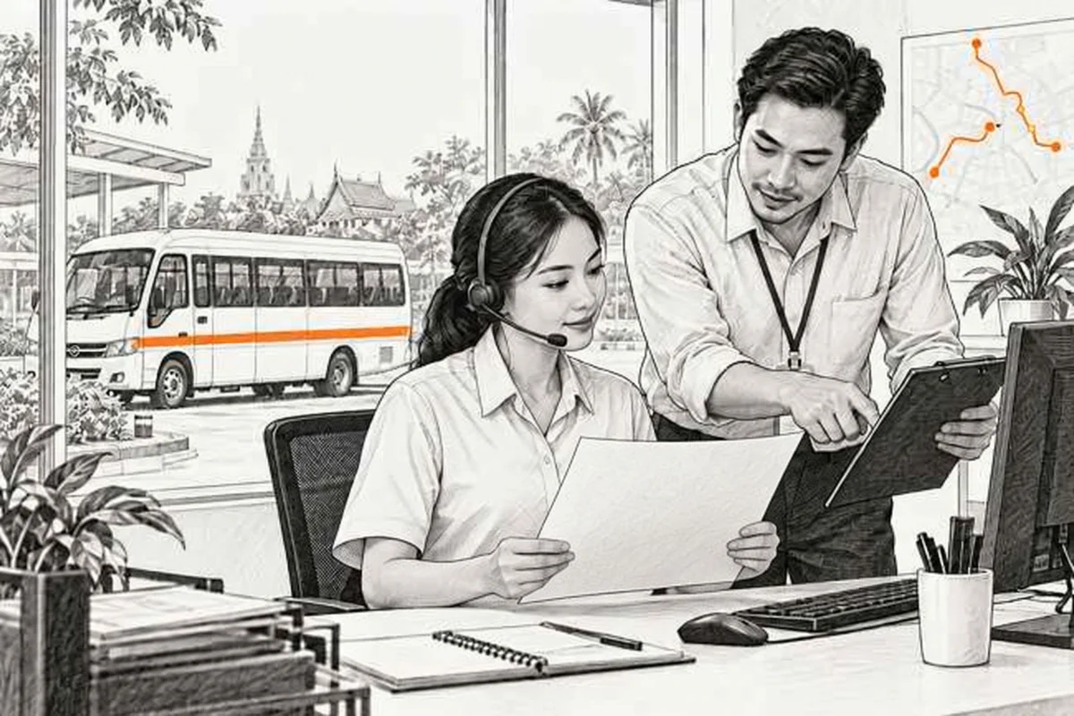 Koordinator layanan pelanggan transportasi dengan headset di meja meninjau lembar rute, minibus sekolah terlihat melalui jendela kantor yang luas.