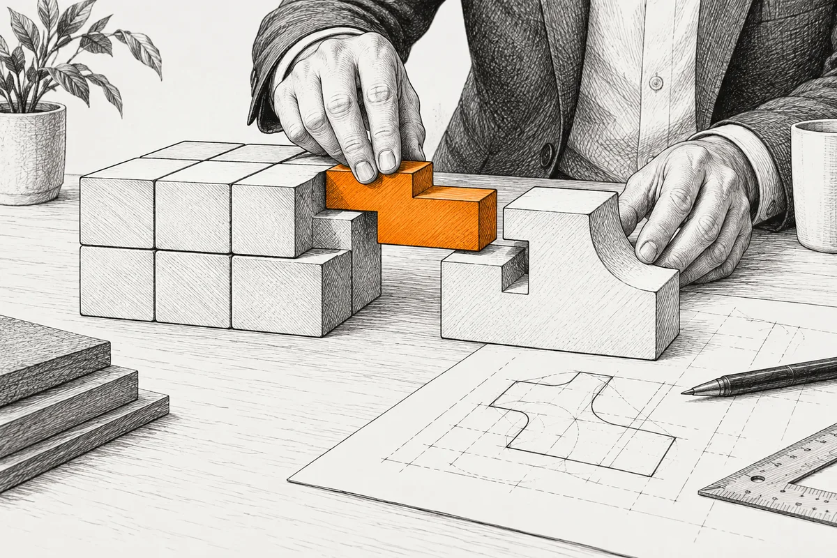 An architect-like tabletop composition: a neatly assembled modular set of blocks on one side, a custom-cut piece and technical drawing on the other, connected by a single orange bridging piece.