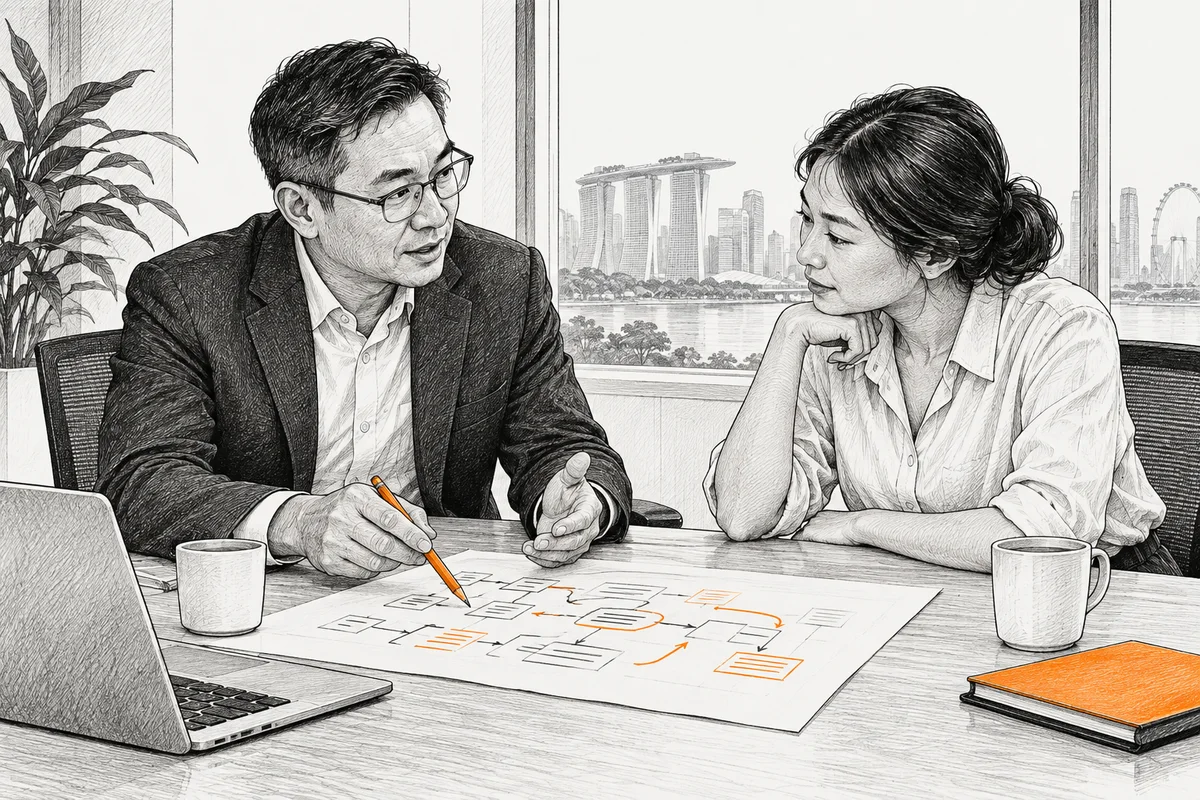 Seorang konsultan bisnis Asia berpengalaman dan pemilik UKM duduk di meja pertemuan mendiskusikan sketsa proses di atas kertas.
