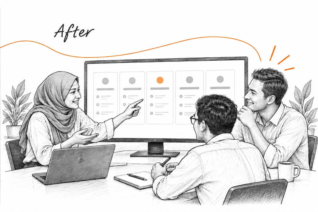Sesudah: tim meninjau pipeline Zoho CRM bersama, dengan penanggung jawab dan langkah berikutnya yang jelas.