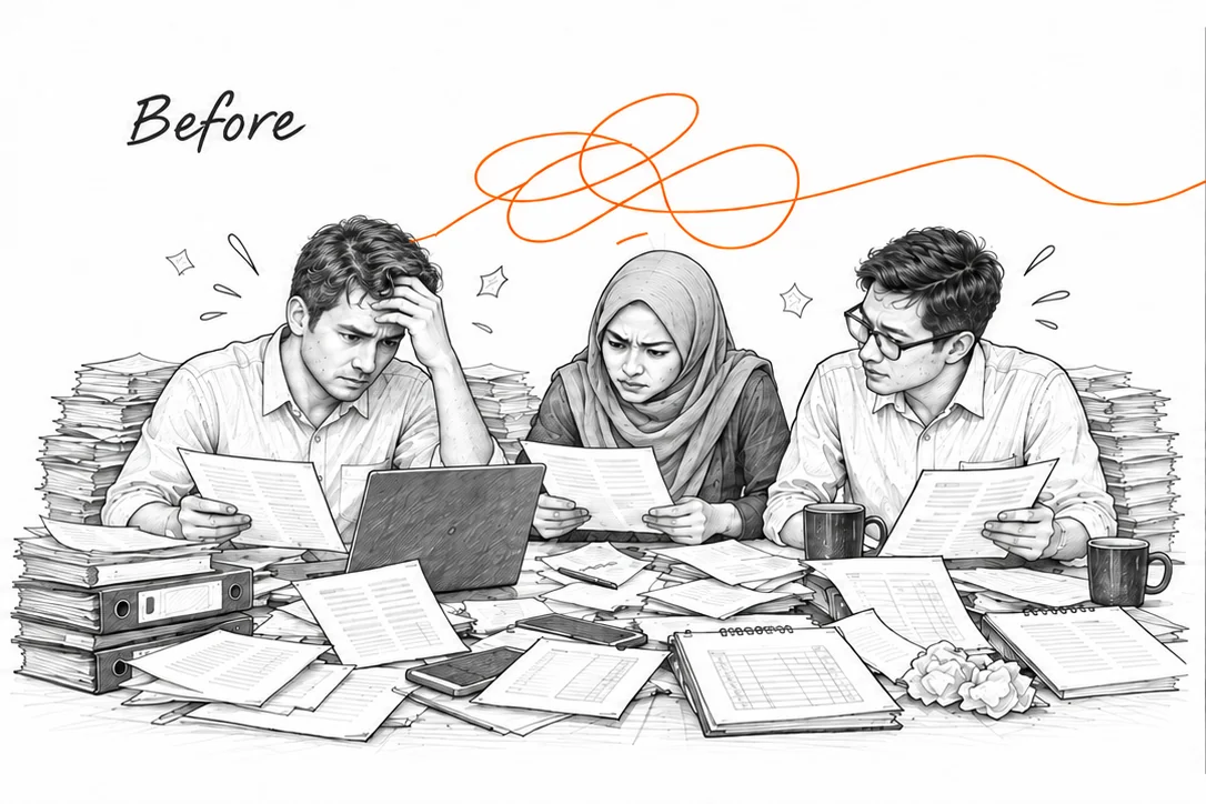 Sebelum: tim mencari kabar terbaru di dokumen, pesan, dan spreadsheet.