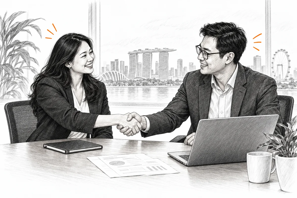Pencil-and-ink illustration of two business professionals shaking hands across a consulting table.