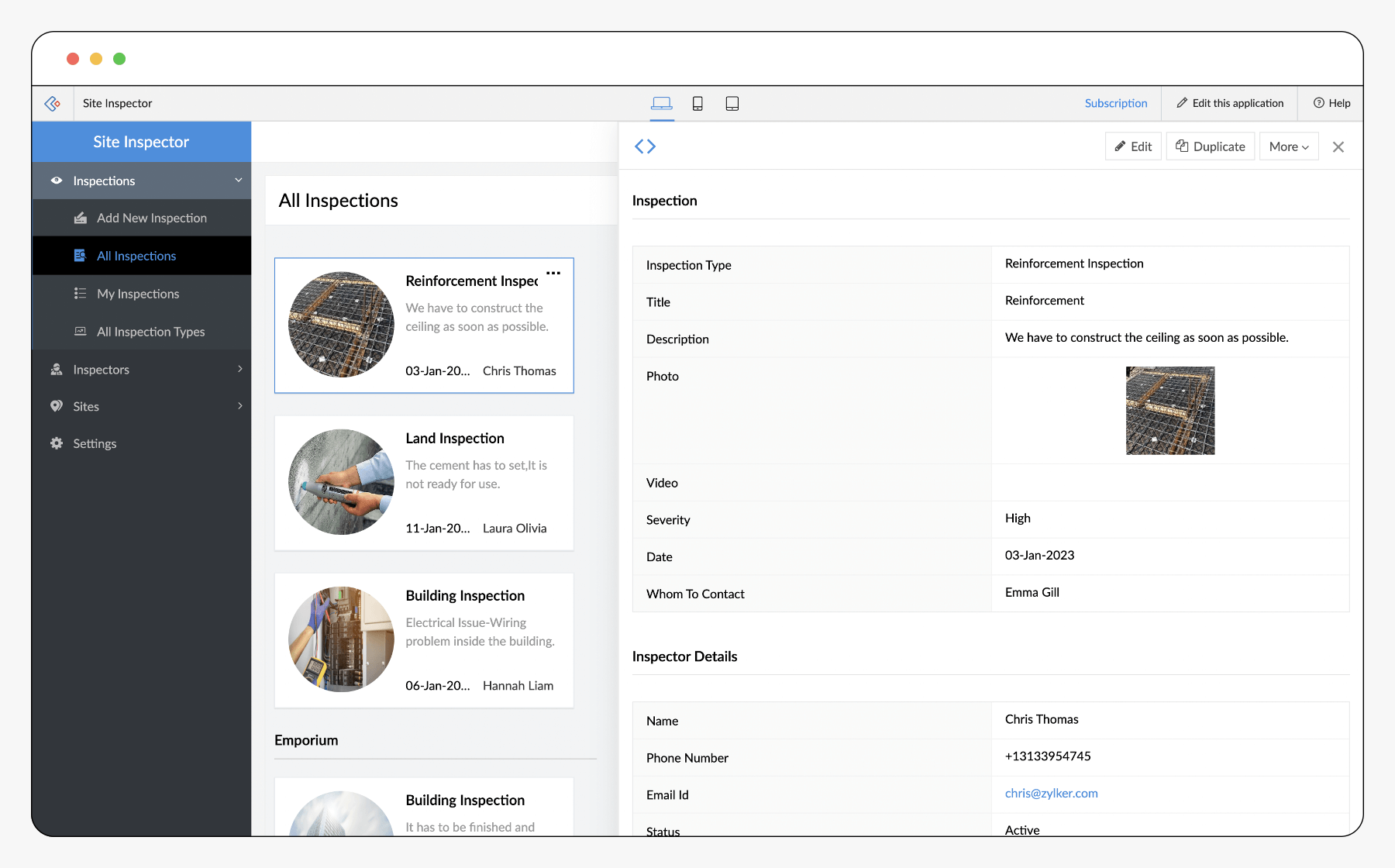 Aplikasi desktop Inspektur Situs Pembuat Resmi dengan catatan inspeksi, foto, tingkat keparahan, dan detail inspektur.