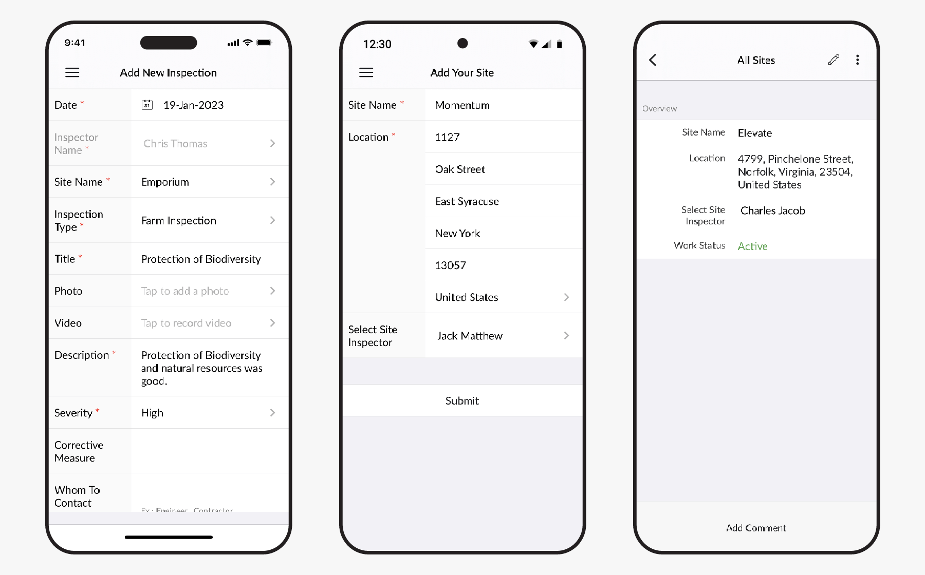 Formulir inspeksi seluler Kreator Resmi yang menampilkan bidang situs, inspektur, foto, tingkat keparahan, dan tindakan korektif.